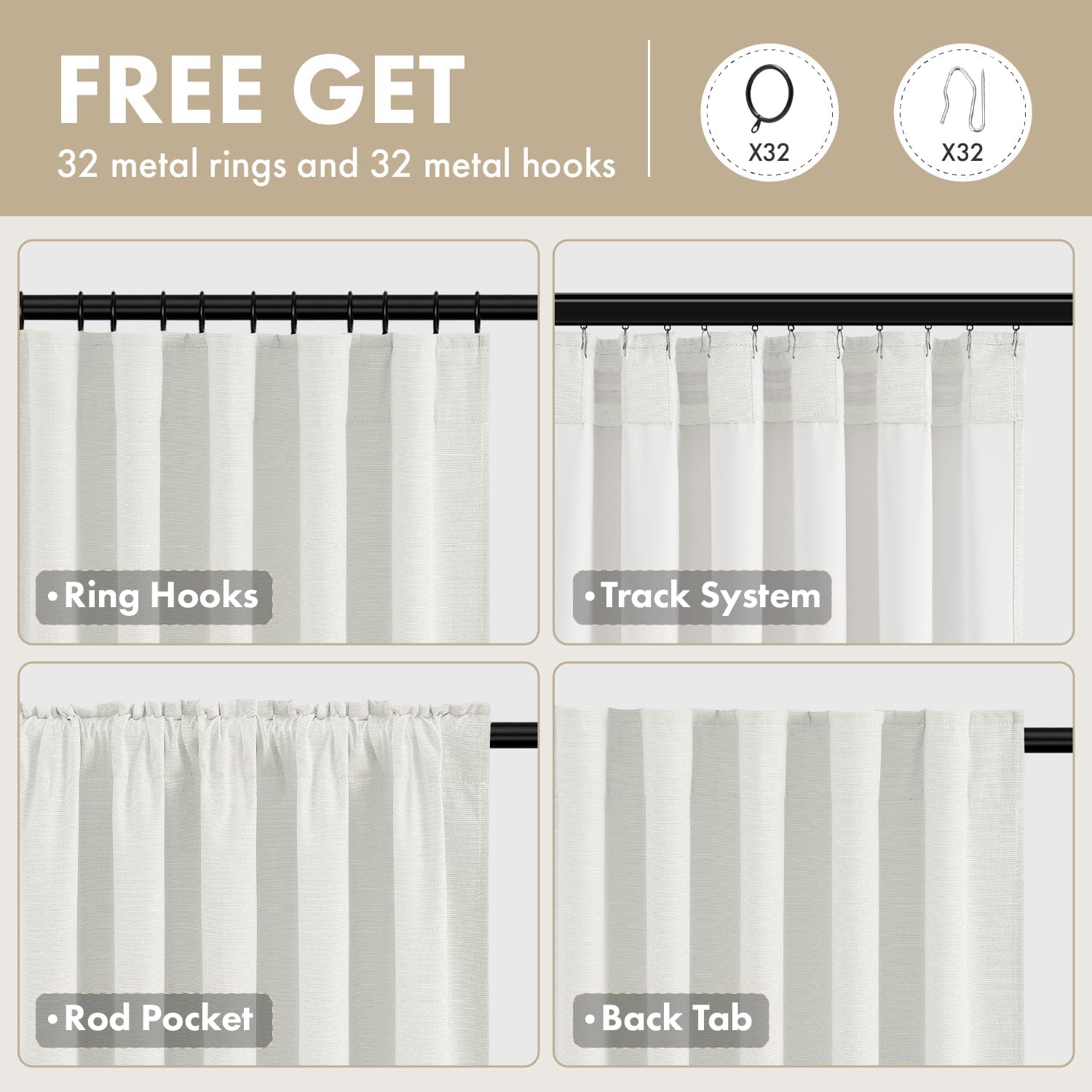 Faux Linen Textured Blackout Back Tab Curtain Panels